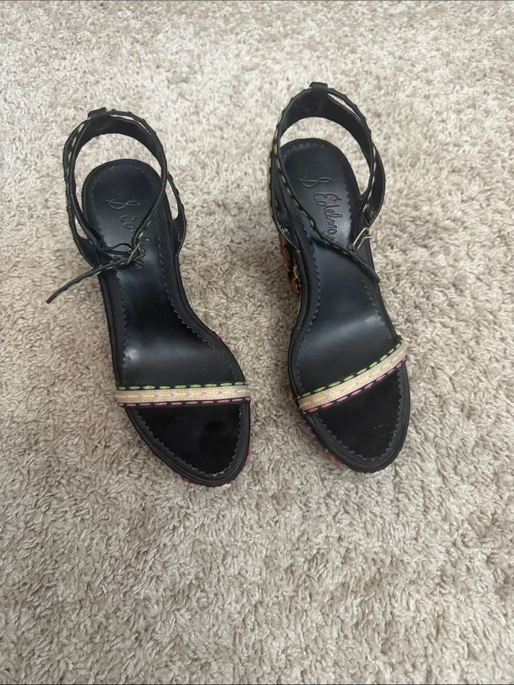 Sam Edelman Black Wedge Sandals with Multicolor Gem Accents